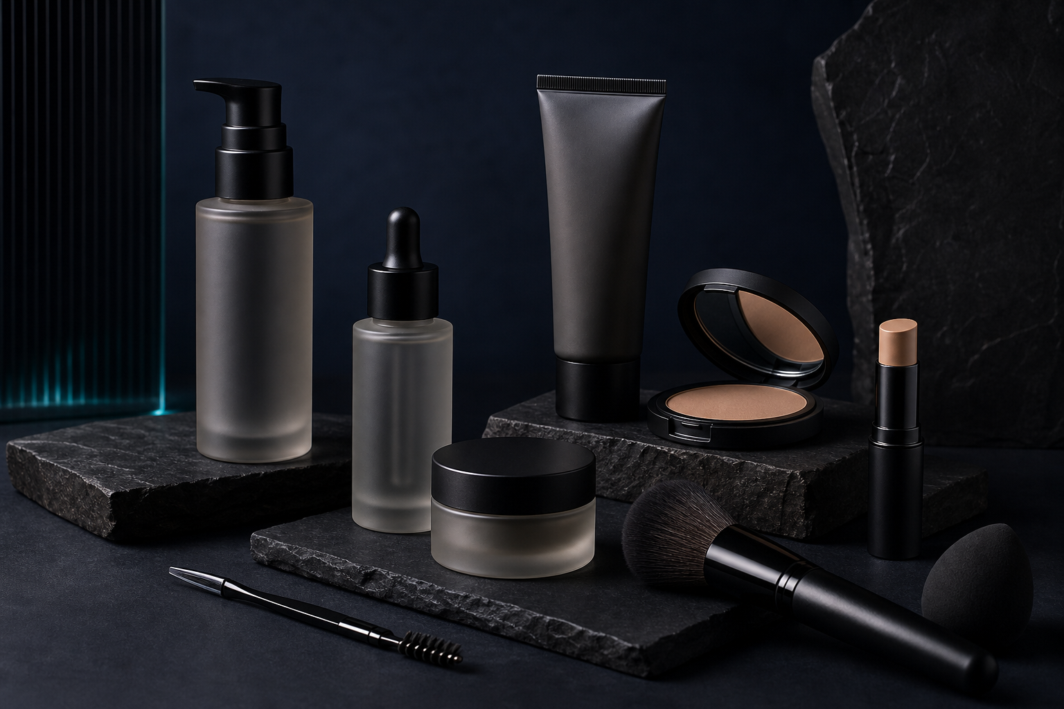 Private label makeup, skincare and beauty products arranged in a dark studio setting