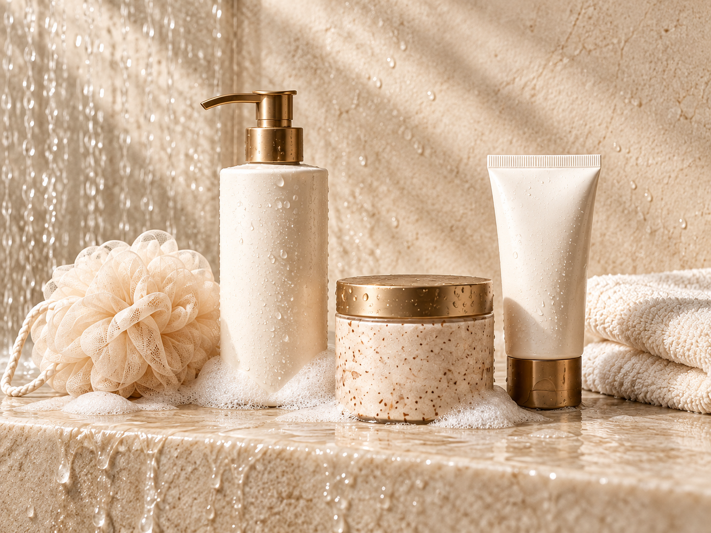 Bath and shower products with water and soft lather