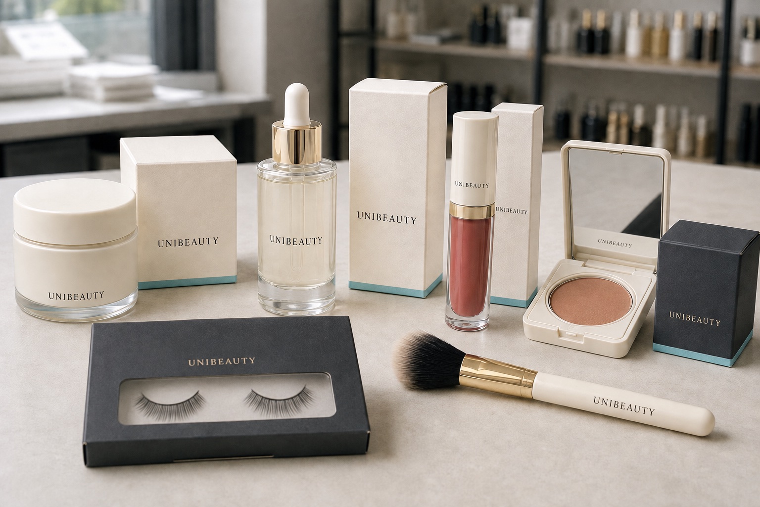 Illustrative multi-category beauty collection with coordinated packaging