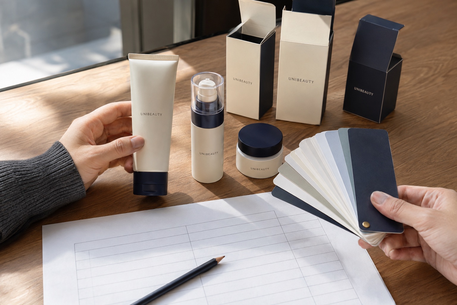 Comparing UniBeauty skincare samples, containers and color swatches; development illustration
