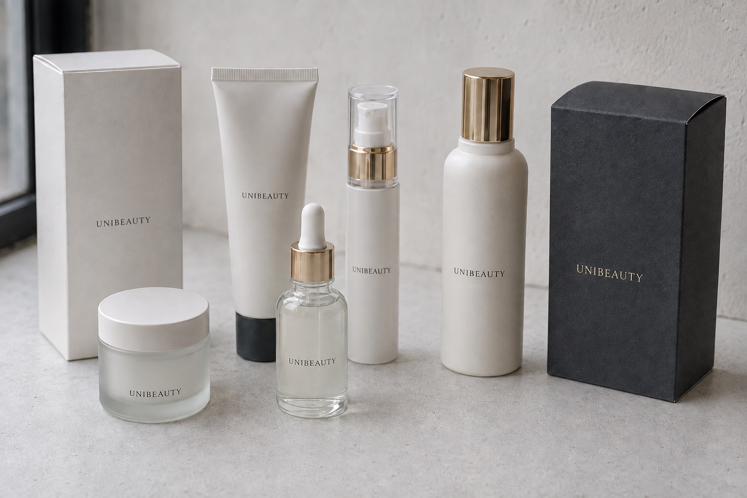 UniBeauty skincare development samples with a serum bottle, cream jar, tube and coordinated cartons
