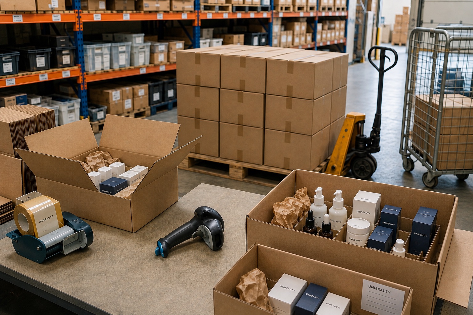 Illustration of beauty products in a warehouse packing area, with inventory shelving, shipping cartons and pallets ready for dispatch.